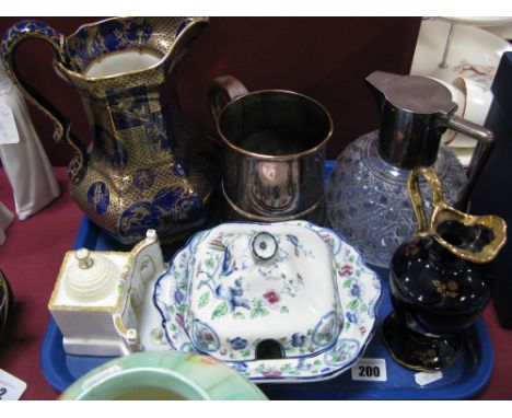 A 'Hobnail' Cut Glass Jug, with a plated lid and handle, a XIX Century Old Sheffield Plate tankard, Coalport bone china, 'The