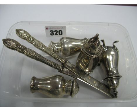 Two Pairs of Hallmarked Silver Pepperettes, (marks rubbed), together with two hallmarked silver handled tea knives. (6)