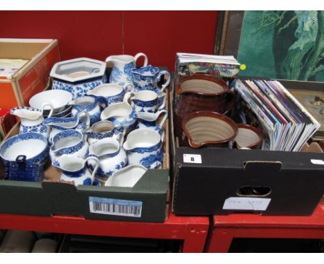 Blue and White Transfer Printed Wares, including jugs, planter, dishes, model dwelling, etc, by Spode, Old Willow, Minton, et