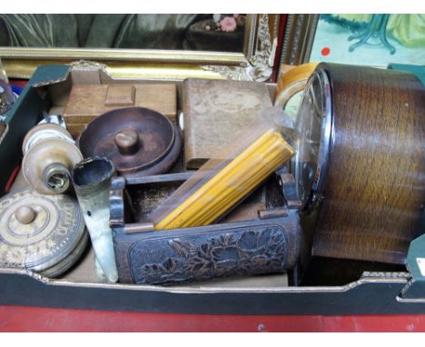 An Oak Westminster Chimes Mantel Clock, Art Deco walnut box, lamp, cylindrical box, etc:- One Box 