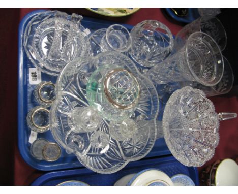 Lead Crystal Vases, pin dishes, bell, shaped circular bowl, a pair of salts and bud vase, each with silver hallmarked collars