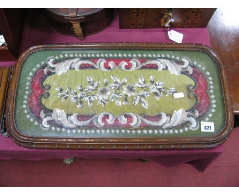 A XIX Century Bead Work Panel Within Carved Walnut Tray, on gilt clawed spherical porcelain casters, 55cm x 27cm. 