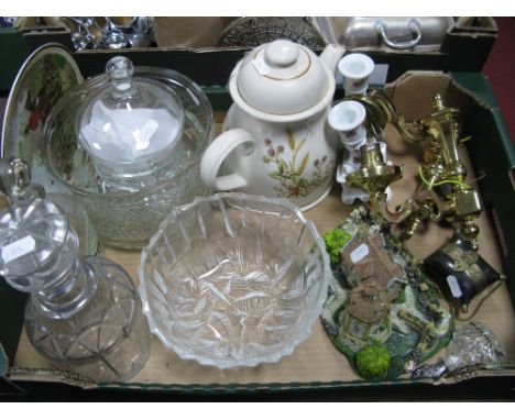 A XIX Century Mallet Decanter, other glass ware, harvest teapot, rose candlesticks, wall lights, scent bottle, etc:- One Box