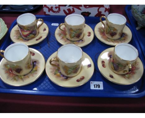 D. Jones, Aynsley Six China Coffee Cans and Saucers, featuring fruit designs.