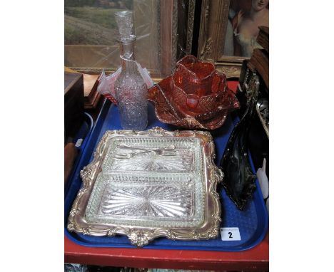 Hors d'oeuvre's, handkerchief vase, carnival glassware, decanter, swan:- One Tray