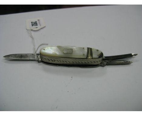 A XIX Century Combination Multi Blade Folding Pocket Knife/Snuff Box, with mother of pearl scales (damaged) and inset shield,