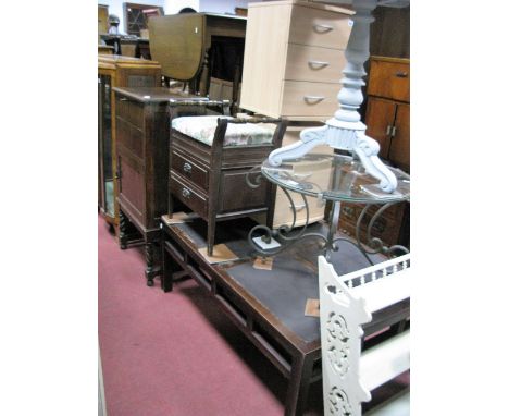 A Rectangular Shaped Coffee Table, with panel inserts, together with a pair of pedestals, with three small drawers.