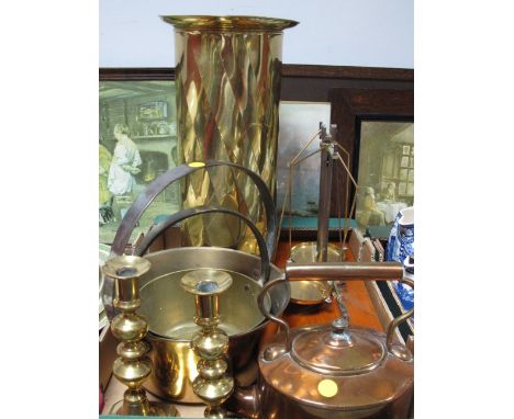 Philip Harris Balance Scales, copper kettle, brass jam pans, stick stand, candlesticks:- One Box