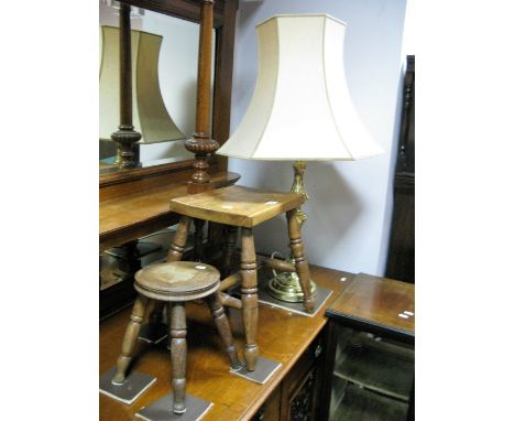 A XIX Century Low Stool on Ring Turned Stretchered Legs, an elm stool and a brass table lamp and shade. (3)