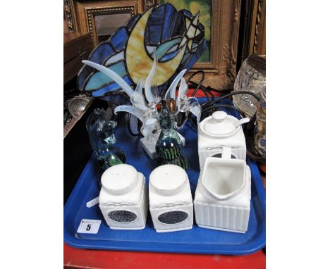 A Pair of Mdina Seahorse Paperweights, a stained glass 'fan' table lamp, etc:- One Tray