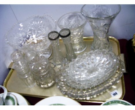 A Heavy Cut Glass Pedestal Bowl, vases, spill vases with silver rims, pickle jars, etc:- One Tray