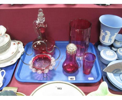 A XIX Century Cranberry Glass Decanter, vase, sugar sifter, pickle dish on a plated tray.