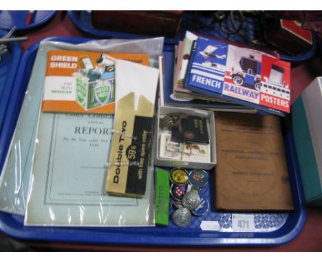 A 1954 British Railway Booklet, postcards, badges, Rotherham Chief Constable reports 1930 and 1951, etc:- One Tray