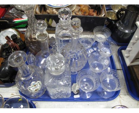 A Lead Crystal Spirit Decanter, including two whisky decanters of square section, set of six acid etched glasses, etc:- One T