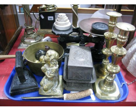 A Pair of Victorian Brass Candlesticks, J. Mosele cast iron scales, weights, flat iron, hollow cast brass kneeling child in p