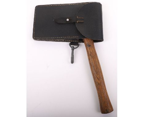GERMAN WWII PIONEERS HAND AXE W/ CASE, heavy duty iron head is well mkd. But cant see a date, its black erasatz case is mkd.“