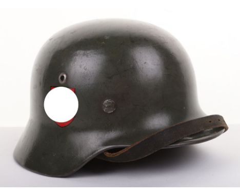 THIRD REICH DOUBLE-DECAL M-35 FIELD POLICE COMBAT HELMET, retains 90-95% of its smooth apple green paint & 98% of ea. decal, 