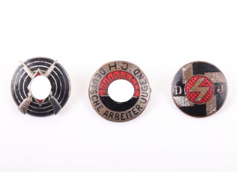 GERMAN WWII ENAMEL PIN LOT, includes a DJ pin mkd. “Ges. Gesch.” & “Steinhauer & Luck Ludenscheid”, a HJ Marksman pin mkd. “R