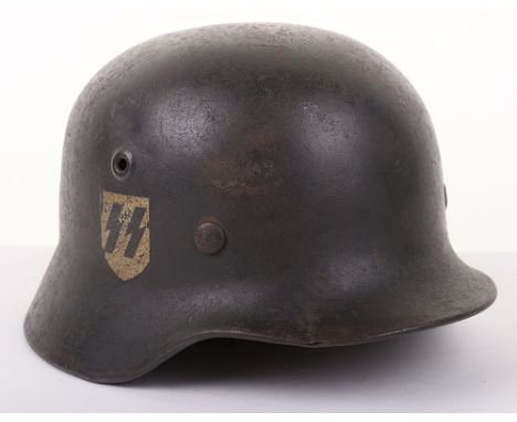 WWII GERMAN WAFFEN-SS M-40 STEEL COMBAT HELMET, superb ‘out of the woodwork’ single decal Waffen-SS steel combat helmet which
