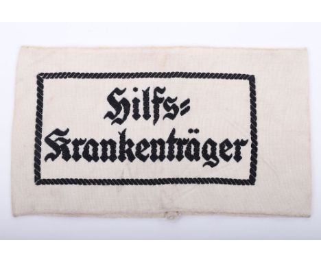 GERMAN ARMY WWII STRETCHER BEARER ARMBAND, “Hilfs=Krankentrager “ embroidered on white cotton, VG++   