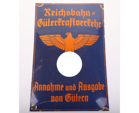 THIRD REICH REICHSBAHN  (RAILWAY) SIGN, made of a heavy iron which is slightly vaulted, 15 ¾” x 23 ½”, a blue enamel field w/