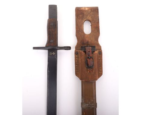 JAPANESE WWII TYPE 30 ARISAKA BAYONET, a late war example w/ a bamboo scabbard and a rubberized frog, has a minty blued blade