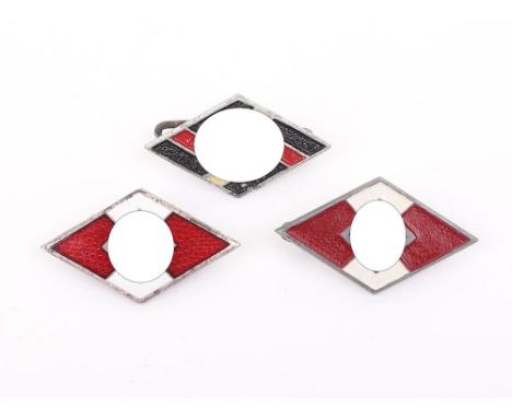 3 THIRD REICH YOUTH PINS, an enamel diamond inset for a HJ knife w/ proper flat prongs, mkd. “RZM M1/102”, a NPEA members pin