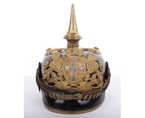 IMPERIAL GERMAN BAVARIAN RESERVE OFFICERS SPIKED HELMET PICKELHAUBE, black patented leather body w/ brass mounts, double lion