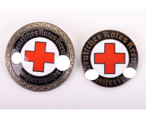 THIRD REICH RED CROSS ENAMEL PINS, 2 LARGE EXAMPLES, 1 has a 1 1/8” diameter w/ “Deutsches Rotes Kreuz Helferin” w/ 2 swastik