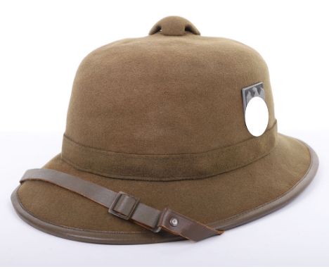 GERMAN WWII ARMY 2ND PATTERN TROPICAL PITH HELMET, as used by the Afrikakorps, has an olive-drab felt body w/ matching leathe