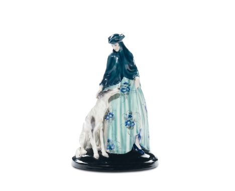 Josef Lorenzl - Goldscheider - Vienna, Dama in costume veneziano con cane Ceramica  modellata a colaggio decorata in policrom