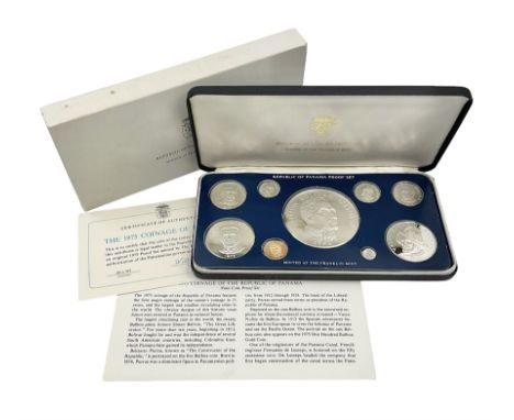 Republic of Panama 1975 proof nine coin set, from two and a half centesimos to twenty balboas, minted at The Franklin Mint, c