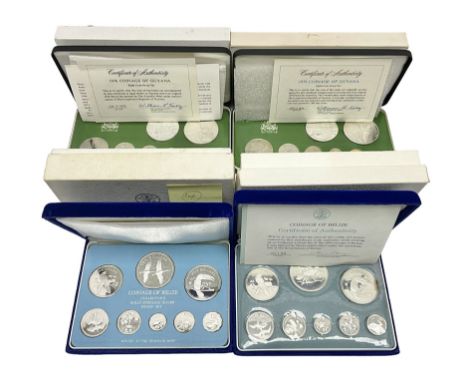 Two Coinage of Belize silver proof eight coin sets, 1974 and 1979, from ten dollars to one cent, minted at the Franklin Mint,