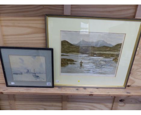 A 20th C. ENGLISH SCHOOL NAVY WARSHIPS, INSCRIBED AND DATED WATERCOLOUR, 22 X 26cms. TOGETHER WITH A SIGNED PRINT BY NORMAN W