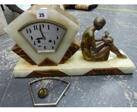 AN ART DECO MARBLE AND ONYX MANTLE CLOCK WITH SPELTER FIGURINE DIAL SIGNED G.FOUGERAY. 