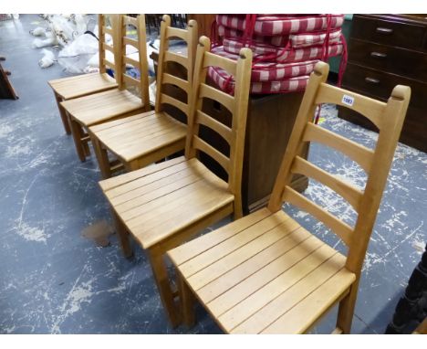 A SET OF SIX TAPERED LADDER BACK SLAT SEATED SIDE CHAIRS. SEAT HEIGHT 45cms, TOGETHER WITH THREE UPHOLSTERED TOP STOOLS / OCC