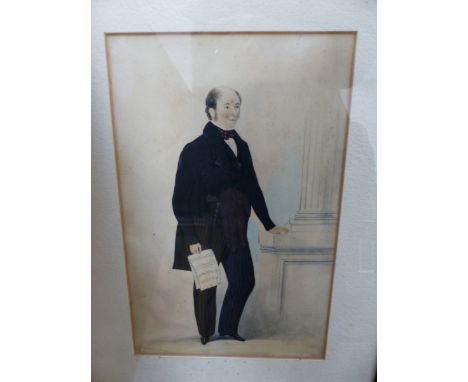 A 19th C. ENGLISH SCHOOL PORTRAIT OF A GENTLEMAN HOLDING SHEETS OF MUSIC, WATERCOLOUR. 24 X 15.5cms. TOGETHER WITH A COLOUR P