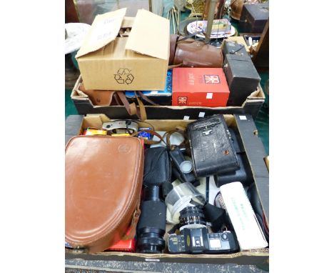 CAMERAS TO INCLUDE A CANON T70 AND LENSES, A BOLEX CINI CAMERA, A LARGE KODAK FOLDING CAMERA, TWO BOX CAMERAS, A PAIR OF J.T.