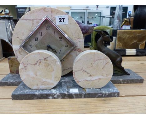 AN ART DECO MARBLE SMALL MANTLE CLOCK GARNITURE WITH STYLISED LEAPING DEER TOGETHER WITH A POTTERY GARNITURE. 