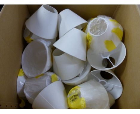 A LARGE BOX OF APPROX 20 LINEN LIGHT SHADES DIAMETER 23cms, HEIGHT 16cms APPROX. 