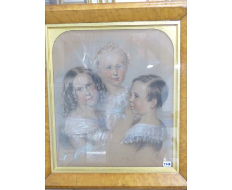 GEORGE PYCOCK. GREEN (MID 19th.C. ENGLISH SCHOOL).  PORTRAIT OF THREE CHILDREN.  SIGNED AND DATED 1846.  PASTEL, MAPLE FRAME,