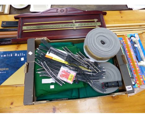 SNOOKER CUES AND ACCESSORIES INC. ARAMITH BILLIARDS BALLS, SCORE BOARD ETC AND A HORNBY THOMAS THE TANK ENGINE AND FRIENDS LO