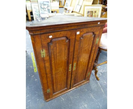 A GEORGE III BURR WALNUT AND INLAID TWO PANEL DOOR CORNER CABINET, WITH SHAPED SHELF INTERIOR. W 92 X D 48 X 110cms.