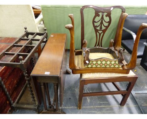 AN OAK BARLEY TWIST STICK STAND, A SUTHERLAND TABLE, A SIDE CHAIR AND TWO STOOLS. 