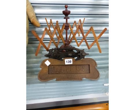 A VINTAGE TREEN WOOL WINDER, A DOOR KNOCKER AND A LETTER BOX. 