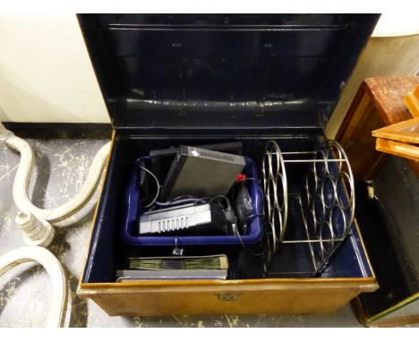 A TIN TRUNK, CCTV SYSTEM BY HICKS VISION, (NO CAMERAS), A SMALL QUANTITY OF RECORDS AND A WINE RACK. 