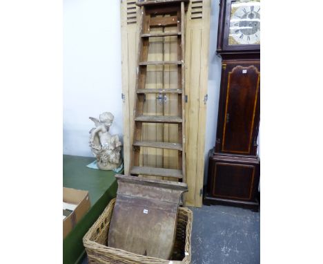 A PAIR OF PINE DOOR SHUTTERS, A LARGE VINTAGE STEP LADDER, A BASKET AND A MAHOGANY LOO SEAT. 