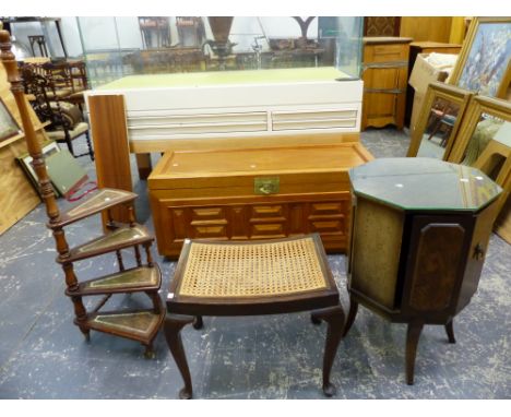 A LARGE EASTERN CAMPHOR BLANKET BOX WITH BRASS FITTINGS.  L 122 X D 51 X H 51cms, TOGETHER WITH A REGENCY STYLE OCTAGONAL CAB