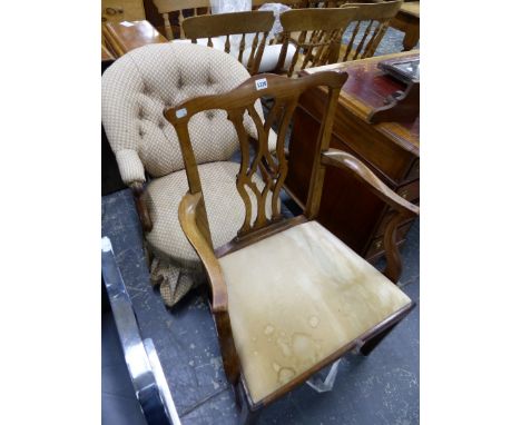 A VICTORIAN BUTTON BACK ARMCHAIR, AND A GEORGIAN MAHOGANY DINING ARM CHAIR. 
