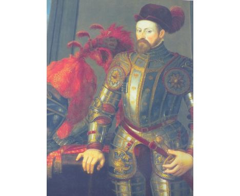 A LARGE DECORATIVE PORTRAIT ON CANVAS OF A MEDIEVAL GENTLEMAN IN ARMOUR 90 X110CM